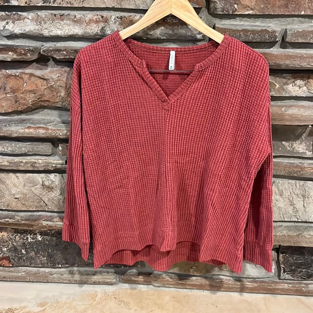 Z Supply Rust Red Waffle Knit V-neck Long Sleeve Top